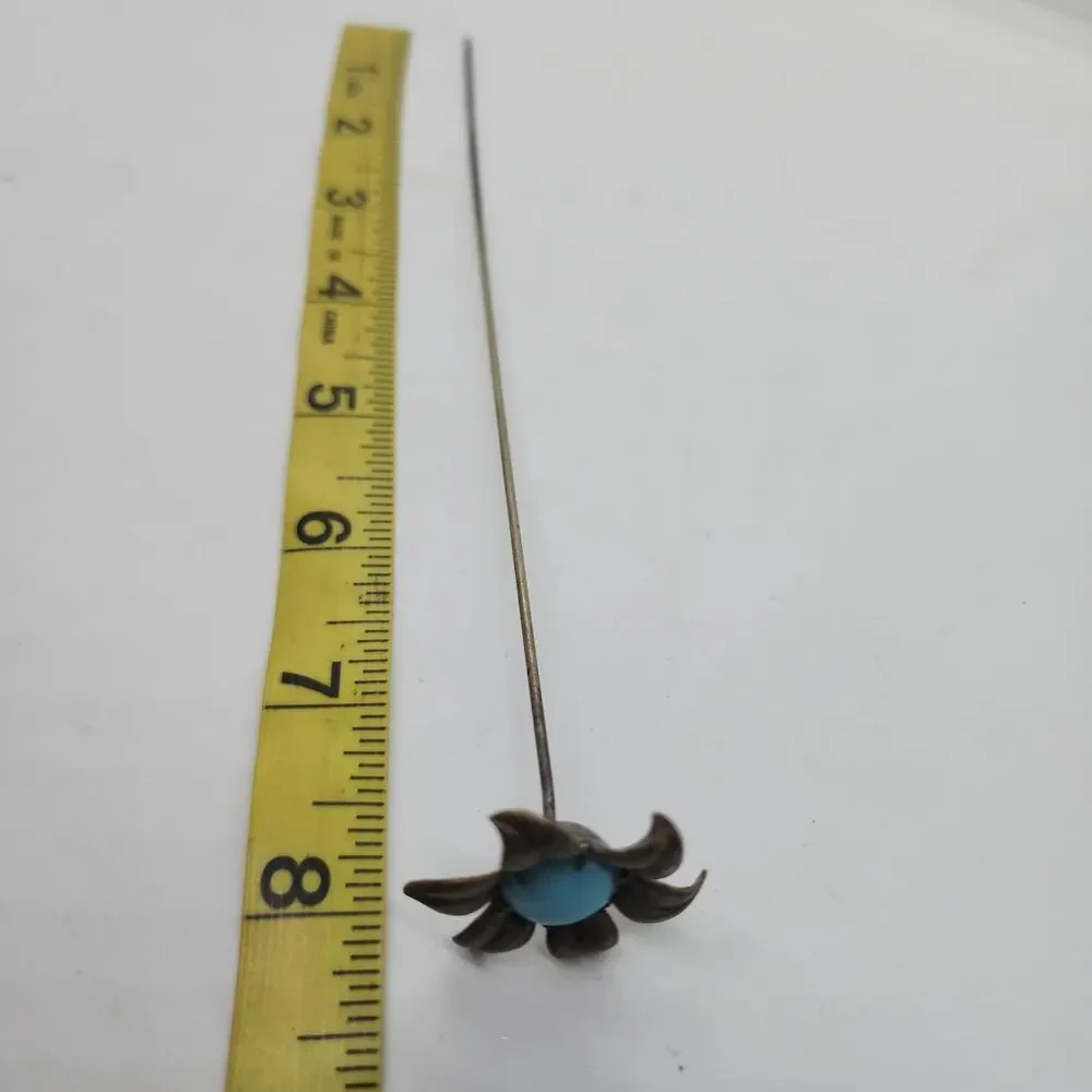 Vintage Long Stem Flower Stick Pin Turquoise Blue Cabochon Hat Lapel Floral